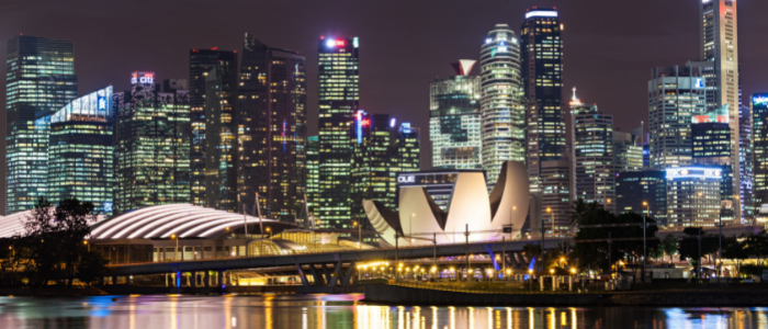 View of Singapore city skyscrapers by night