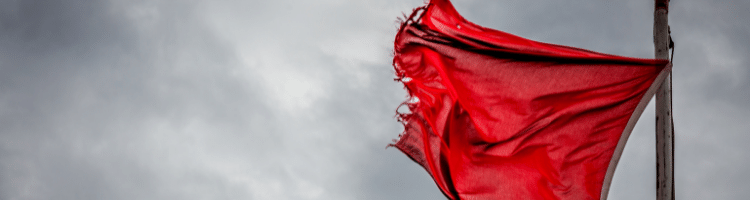 Tattered red flag against grey skies