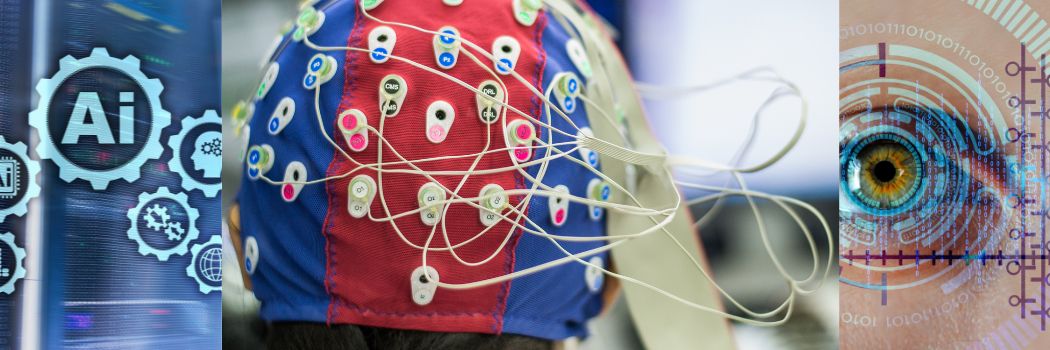 Photo montage of eye tracking, AI imagery and EEG monitoring