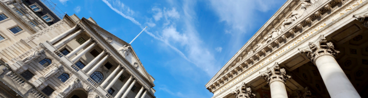 Low level facades of the Bank of England and London Stock Exchange