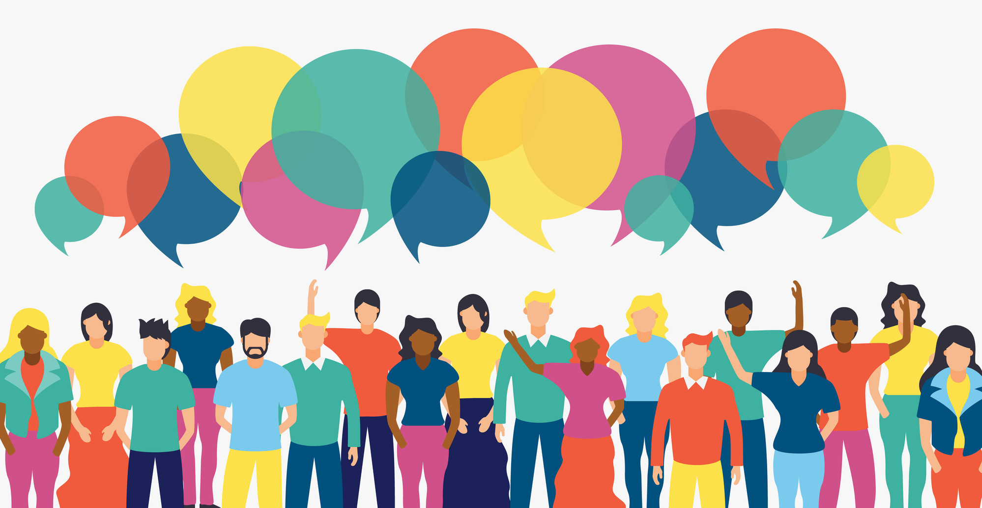 Illustrated group of people with colourful chat bubbles and diverse team
