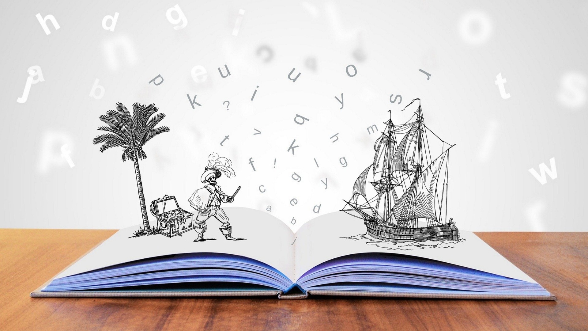 an open book with illustrated characters emerging from the pages