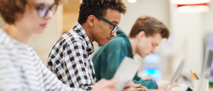 Young students work in a row at laptops