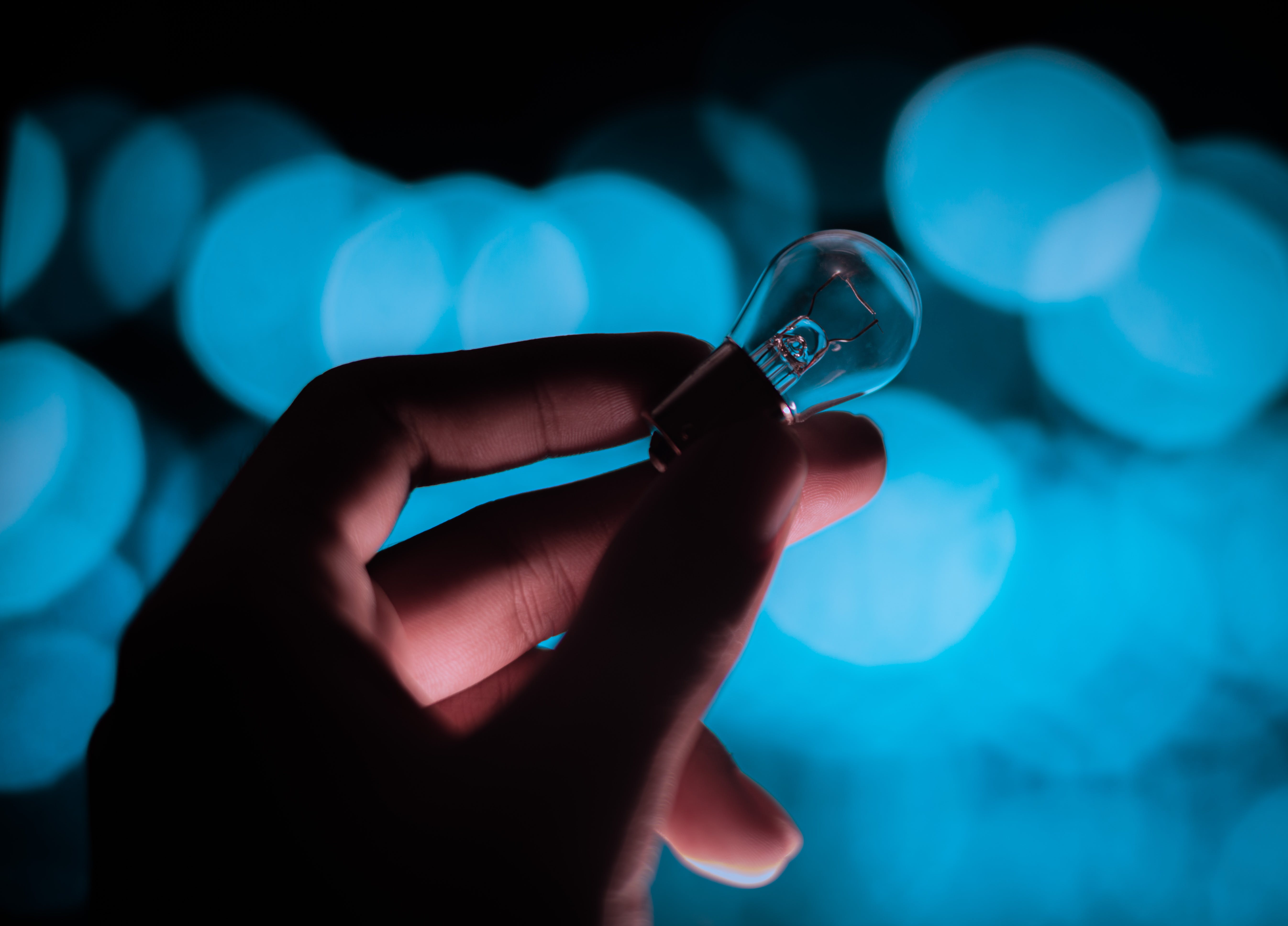 hand holding light bulb against blue background