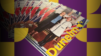 A pile of Dunelm magazines splayed out in a fan shape on a purple background
