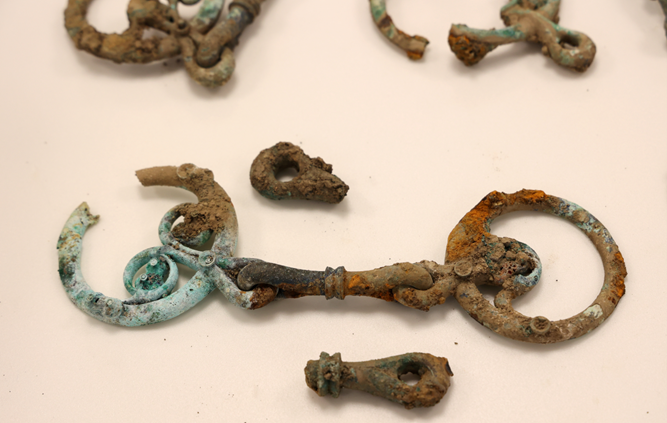 A close-up of some of the artefacts from the Melsonby Hoard, centred on a pair of terret loops which reins would be have been passed through