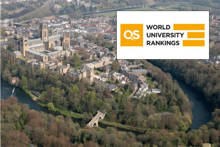 Aerial view of Durham Cathedral with QS World University Rankings logo