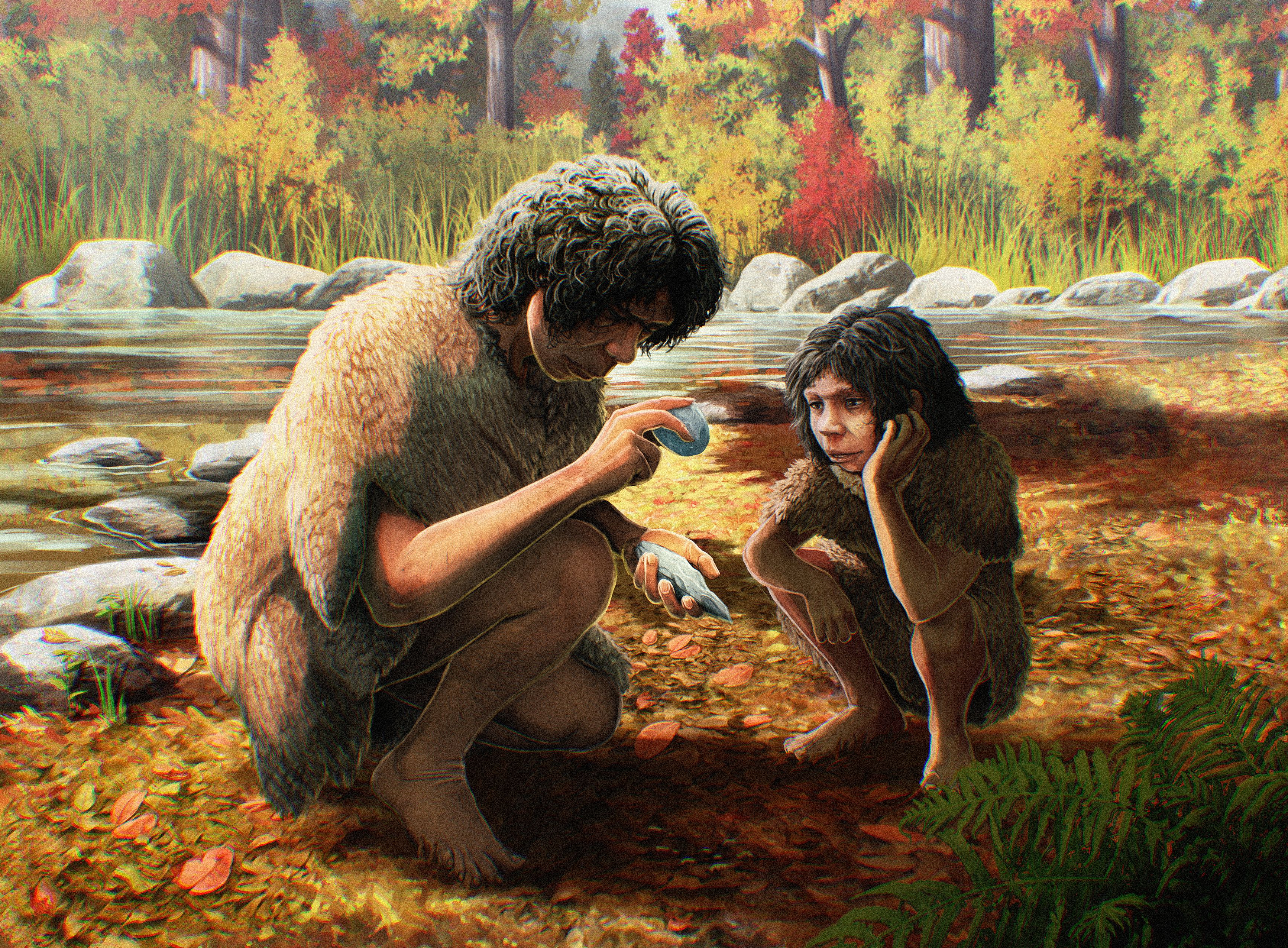 Artist's reconstruction of Homo heidelbergensis making a flint handaxe