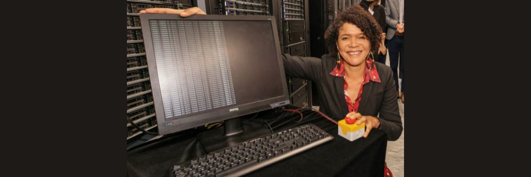 Chi Onwurah MP pushes the button on the launch of the COSMA 8 supercomputer