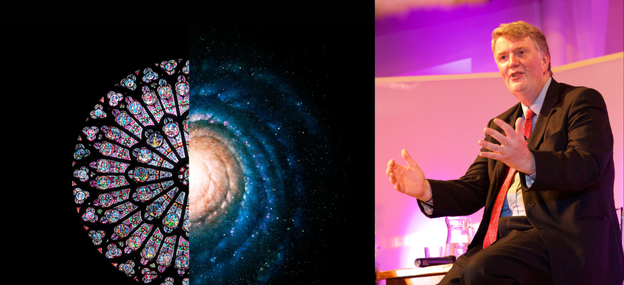 Collage showing Rev Professor David Wilkinson, an astronomy image and an image of a stained glass window