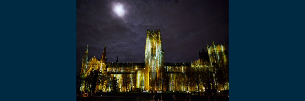 Durham Cathedral with a light installation as part of Lumiere