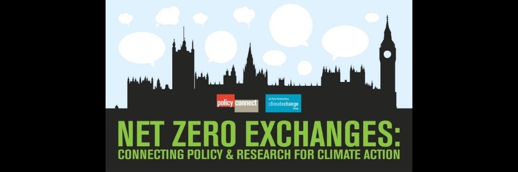 A graphic for the Net Zero Exchanges essay collection, showing a black cityscape against a blue, cloudy sky
