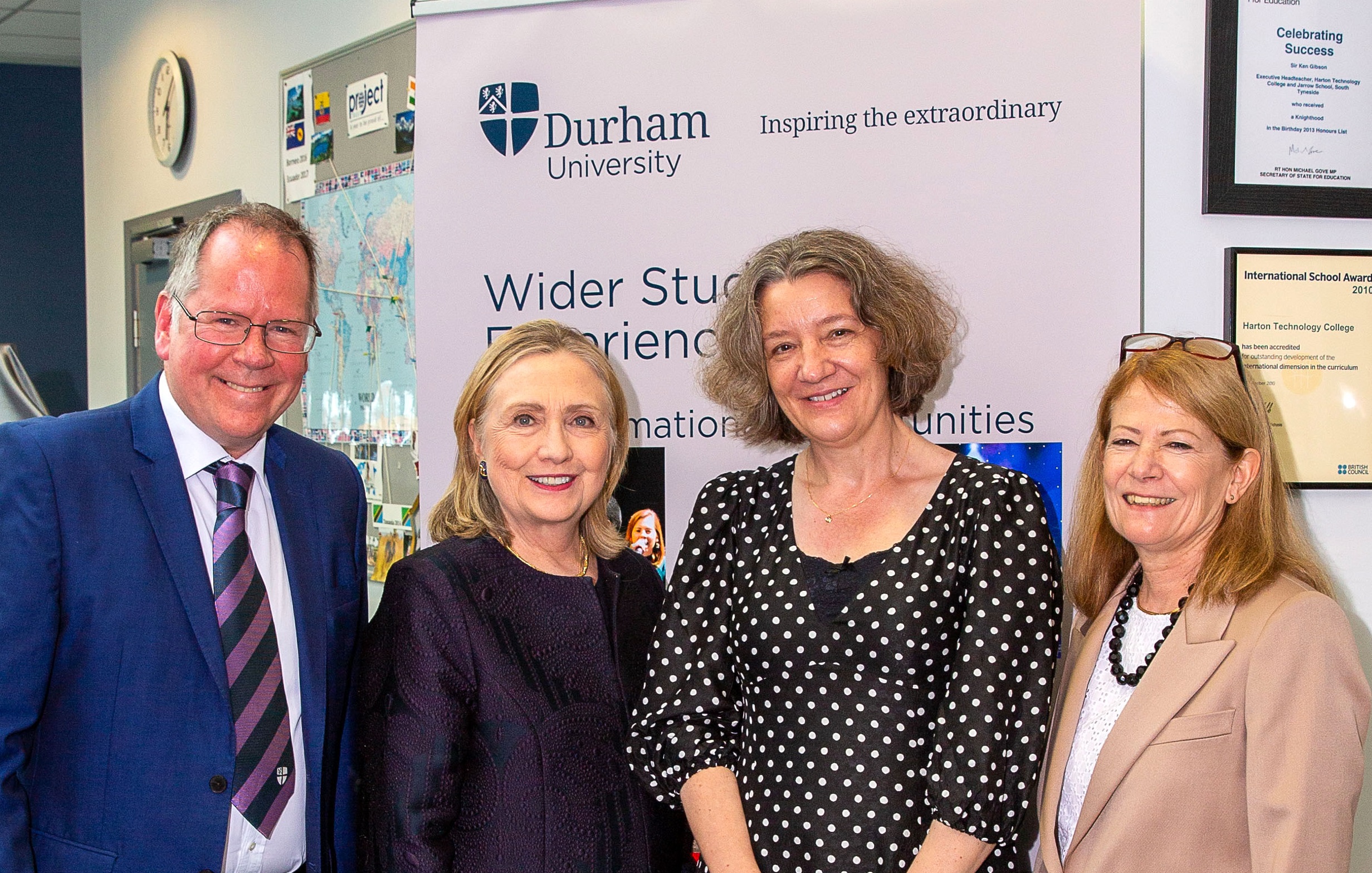 Chair of Council Joe Docherty, Vice-Chancellor Karen O'Brien and Pro-Vice-Chancellor Global Claire O'Malley meet Hillary Clinton