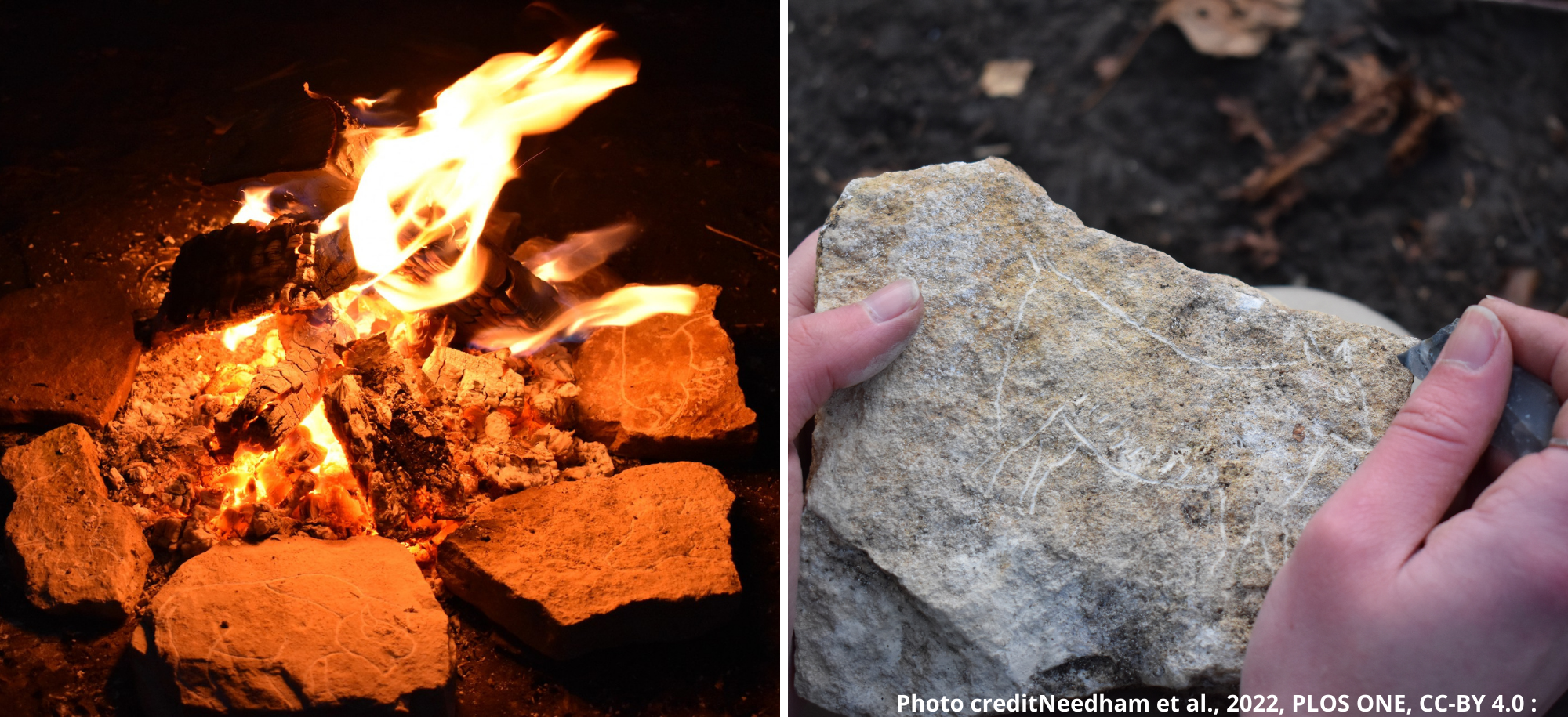 On the left a fire with stones around it. On the right a hand holding a stone with an animal carving.