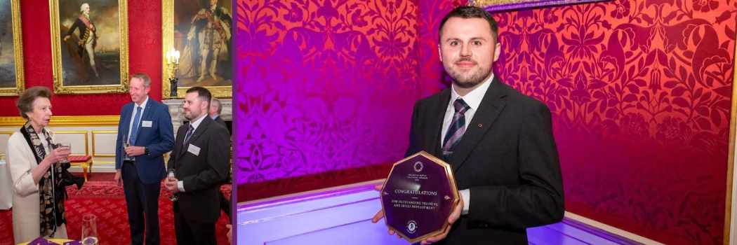 Callum Hornsby holding the Princess Royal Training Award