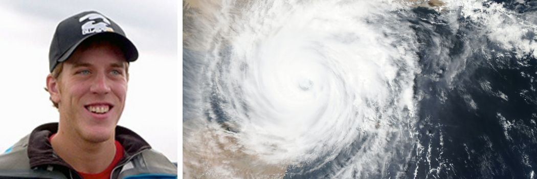 A headshot of Dr Ed Pope, with an aerial shot of a typhoon