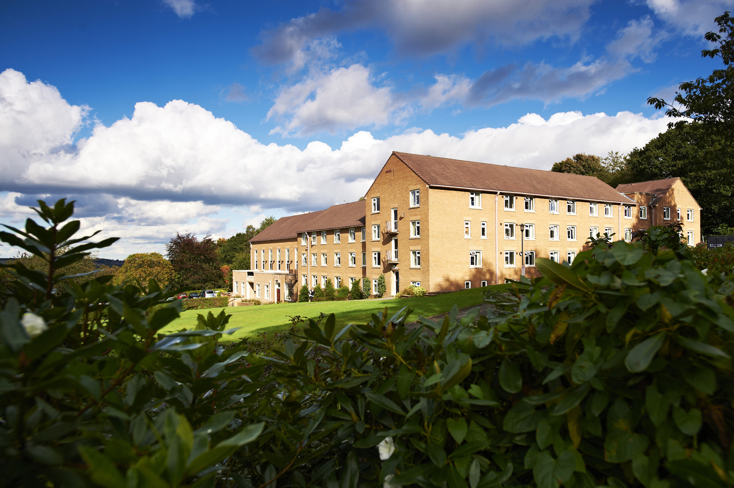 View of Grey College from a distance surrounded by trees and plants