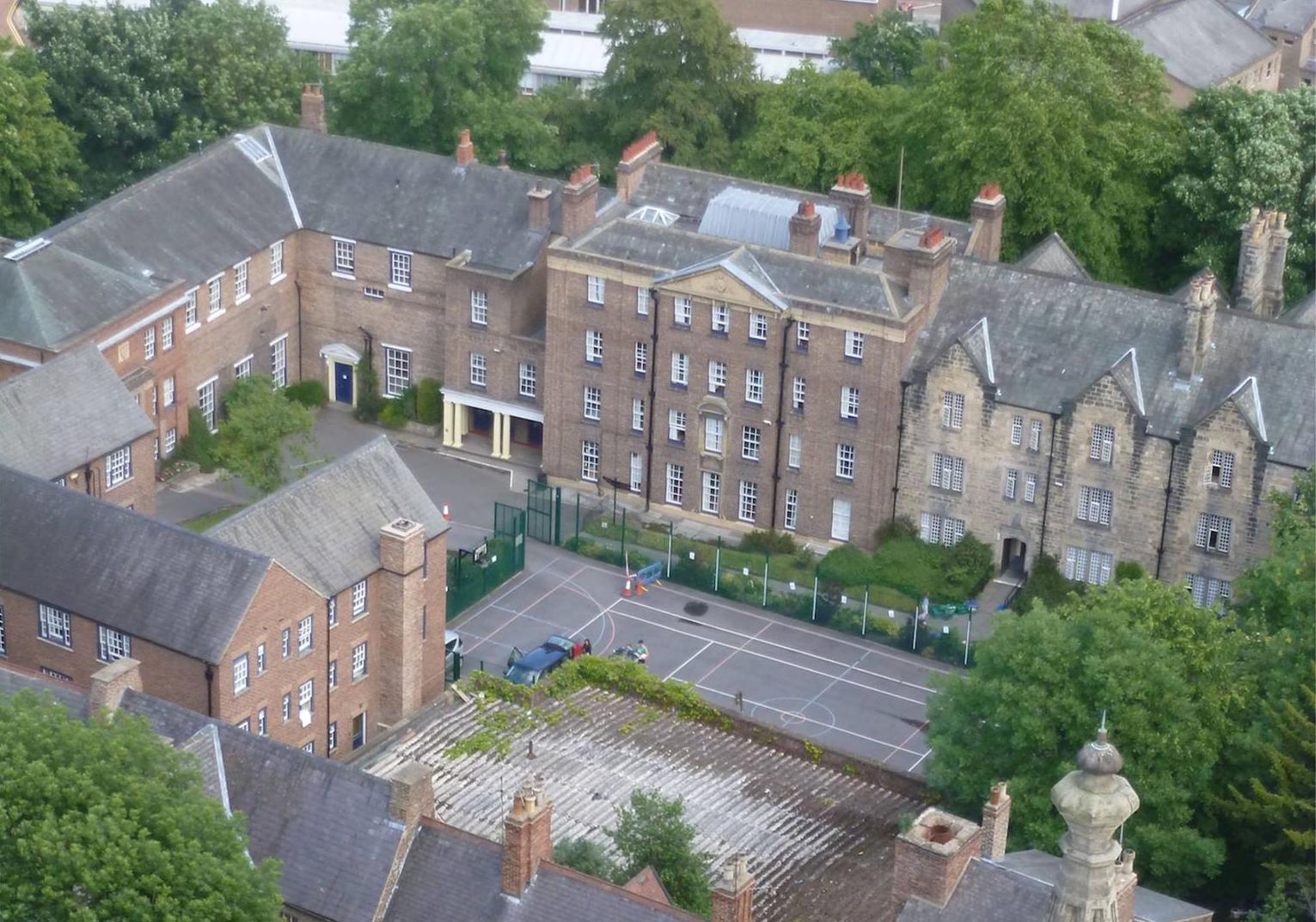 The college grounds as seen from the tower viewing area of Durham Cathedral