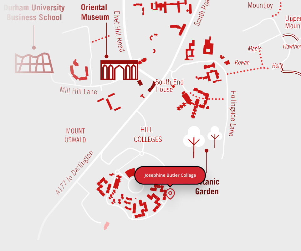 Map showing the location of Josephine Butler College in Durham