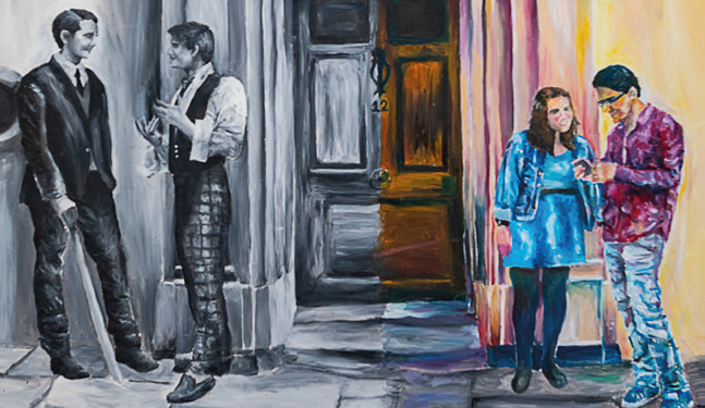 TPainting of 12 South Bailey Door by Mariam Hayat for Cuth's 125th anniversary, showing 2 male students in black and white in old fashioned clothes on one side and a mixed couple with colourful modern clothes and a phone on the other side.