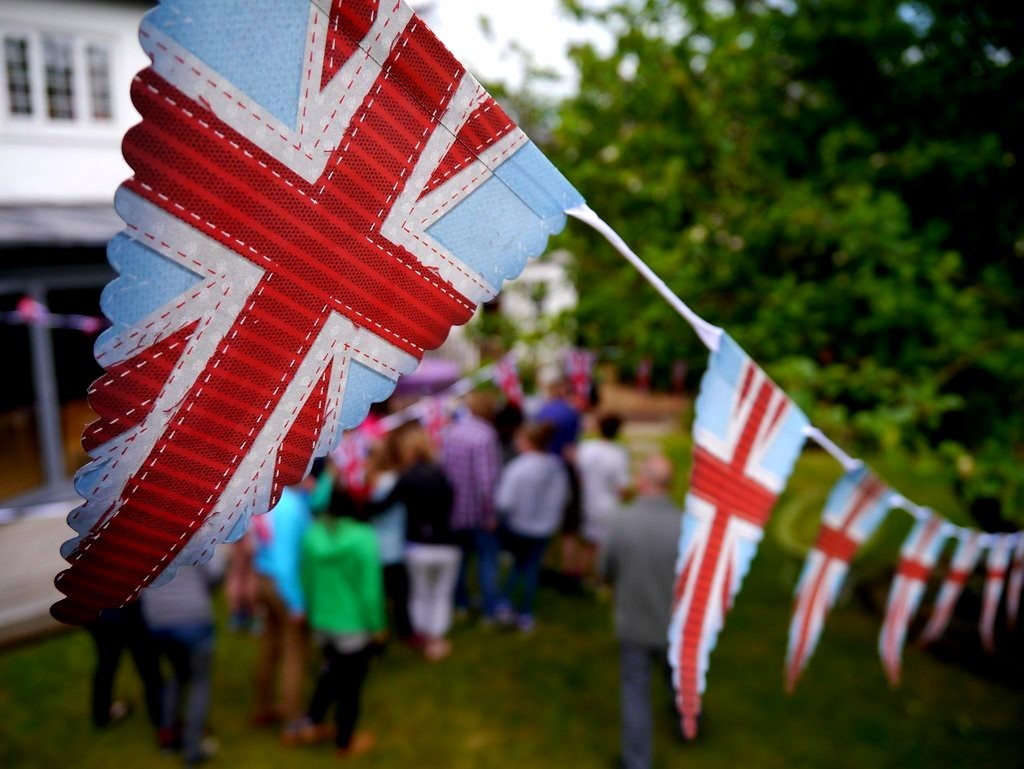 Union Jack Bunting with blurred people in the background