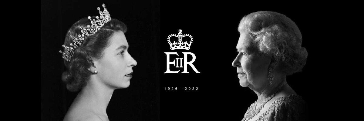 An image of a young Queen Elizabeth II facing an older Queen Elizabeth II, with the dates of her birth and death.