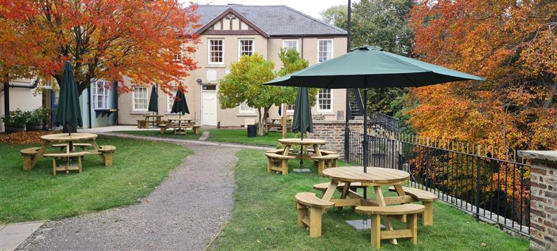 Beer garden with outdoor seating surrounded by autumnal trees