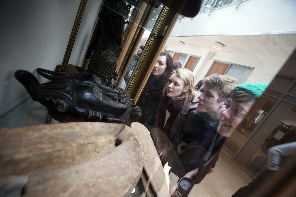 Students looking at a window display