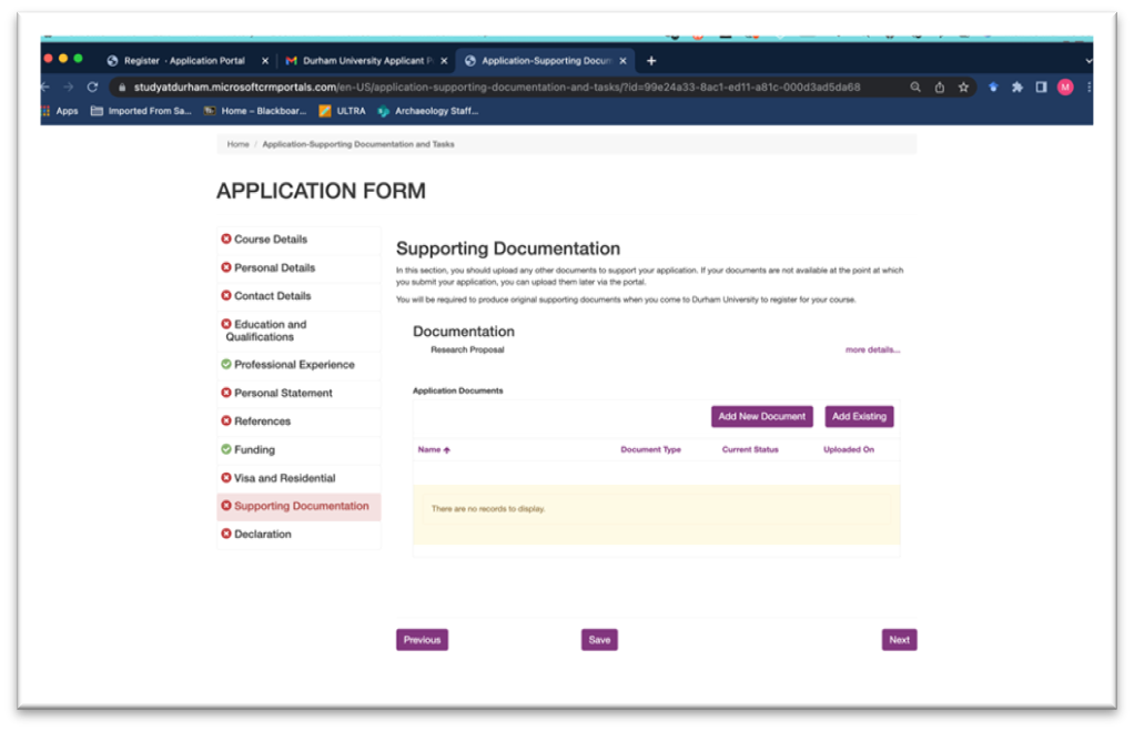 Screenshot of Archaeology Application Portal showing the Supporting Documentation page of the application form