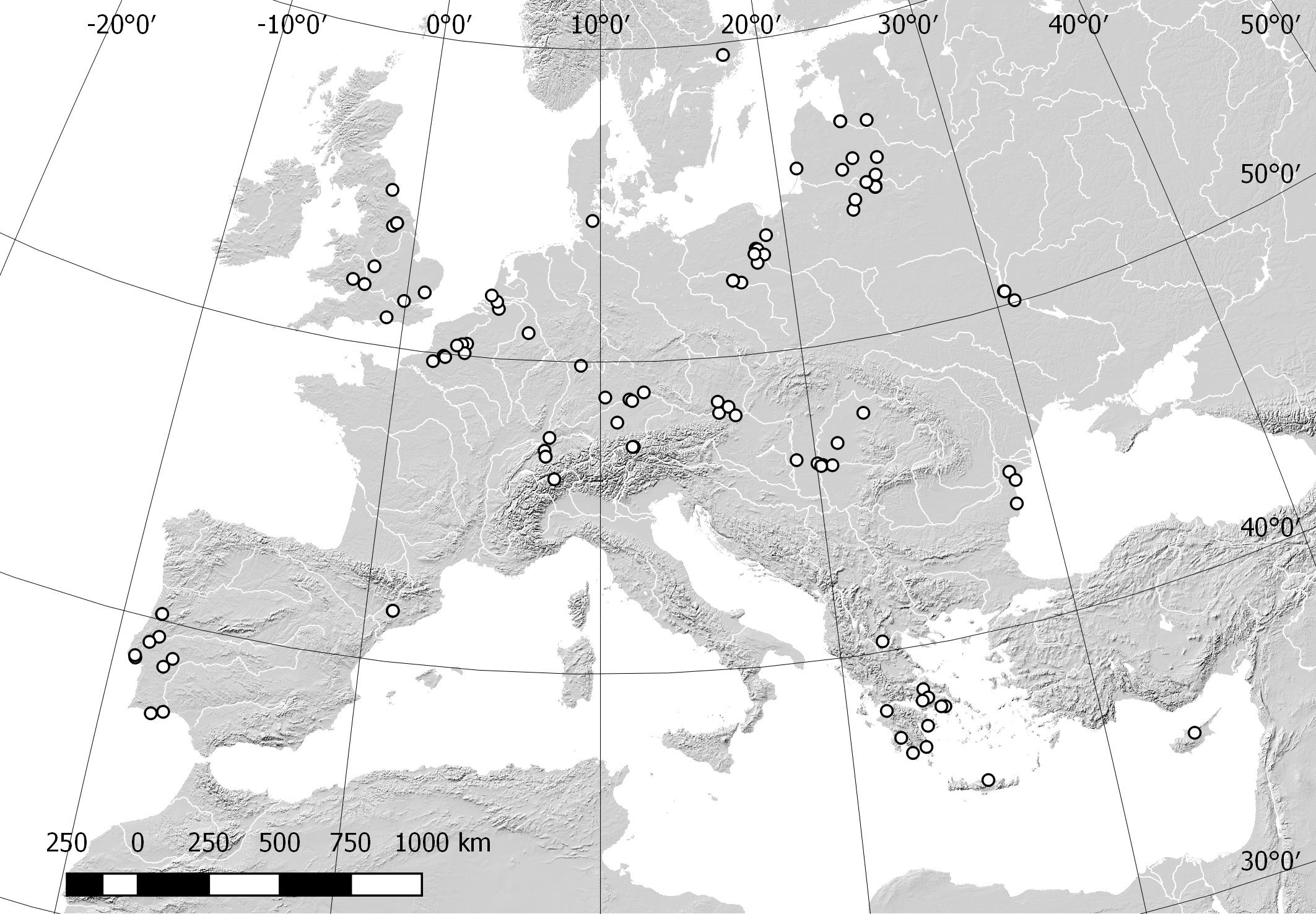 Map of Europe with study sites