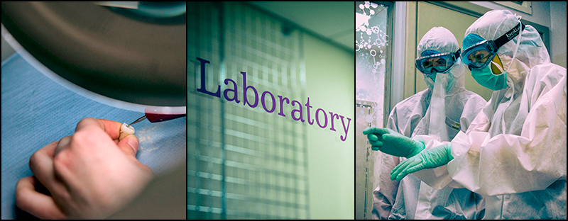 Left: Isotope lab, centre: Laboratory sign, right: DNA lab