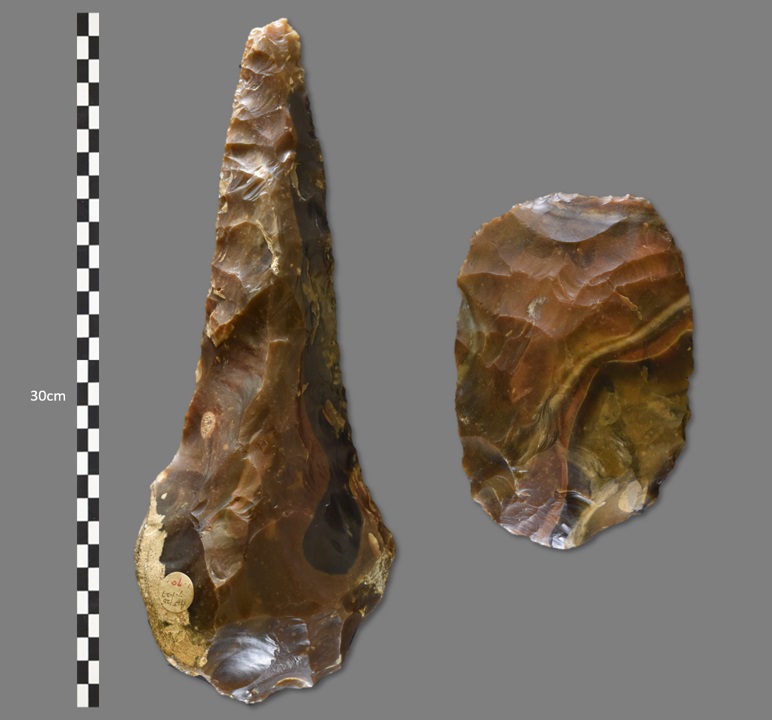 Brown flint ficron and cleaver handaxes next to a black and white 30cm scale bar.