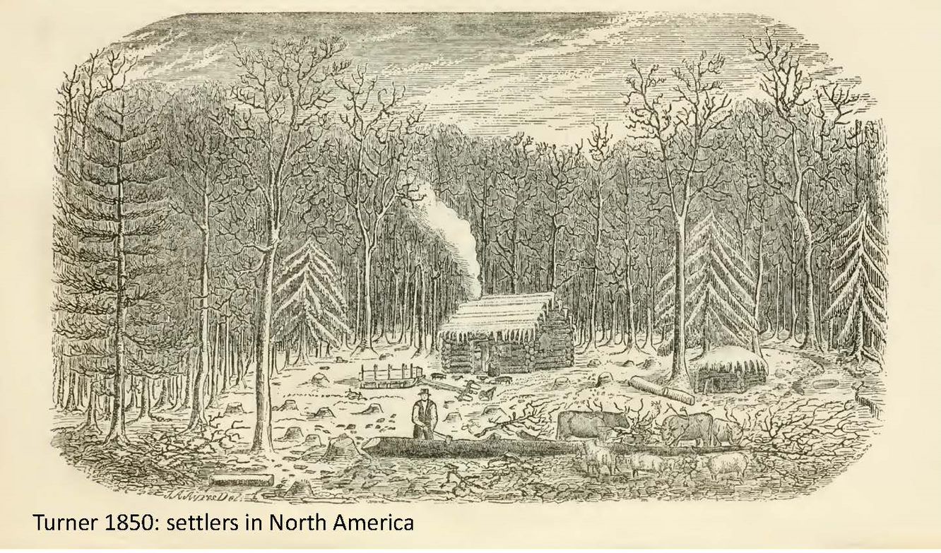 Drawing of a settlers log cabin in a clearing within a Forest