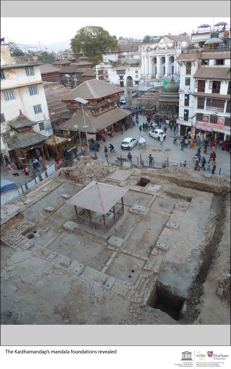 Aerial photograph of excavated structural remains around a fountain