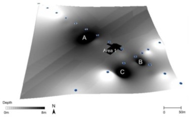 computer generated Isometric black and white image of the chalk surface of an excavation with solution hollows highlighted