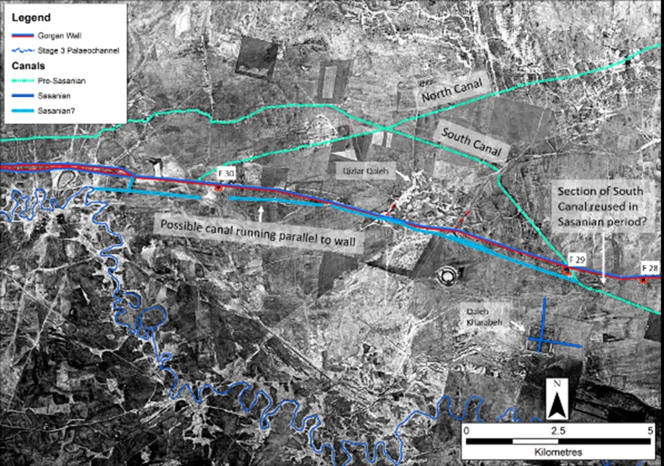 Historical satellite image of northeast Iran with canals associated with the Gorgan Wall highlighted