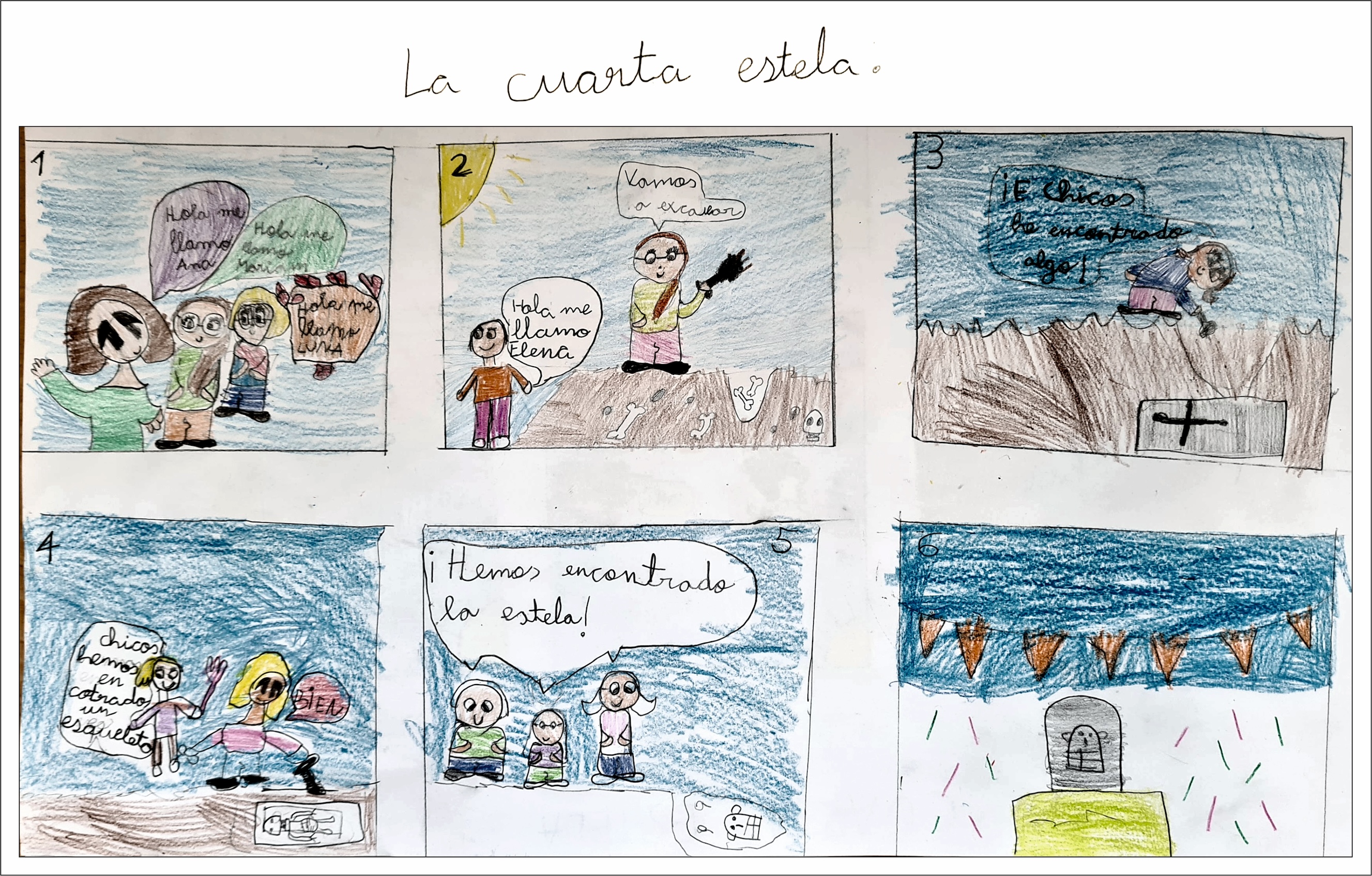 Comic strip written and illustrated by schoolchildren from Cañaveral de León, imagining the discovery of the fourth stela.