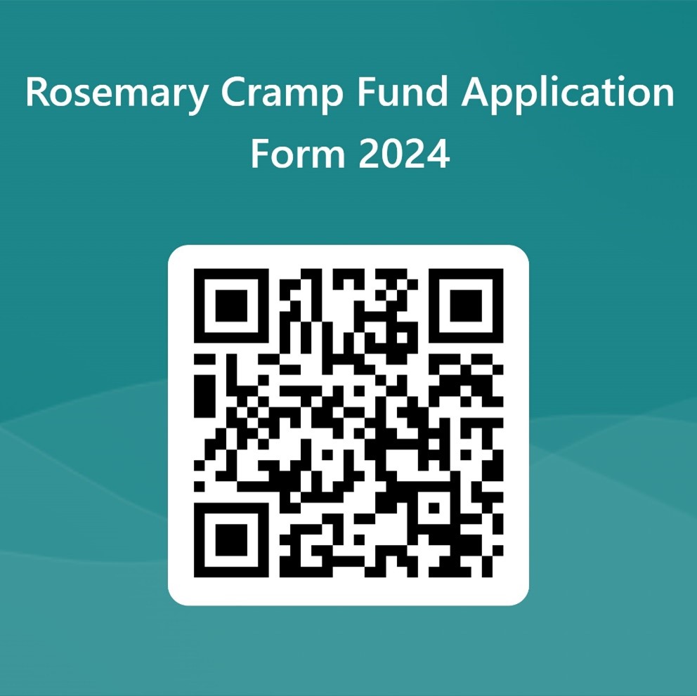 QR code on a muted turquoise background titled Rosemary Cramp Fund Application Form 2024