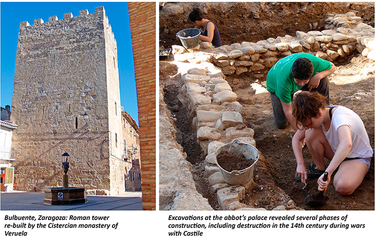 Two pictures. Left is a Tall stone Roman Tower and on the right three students excavating stone walls
