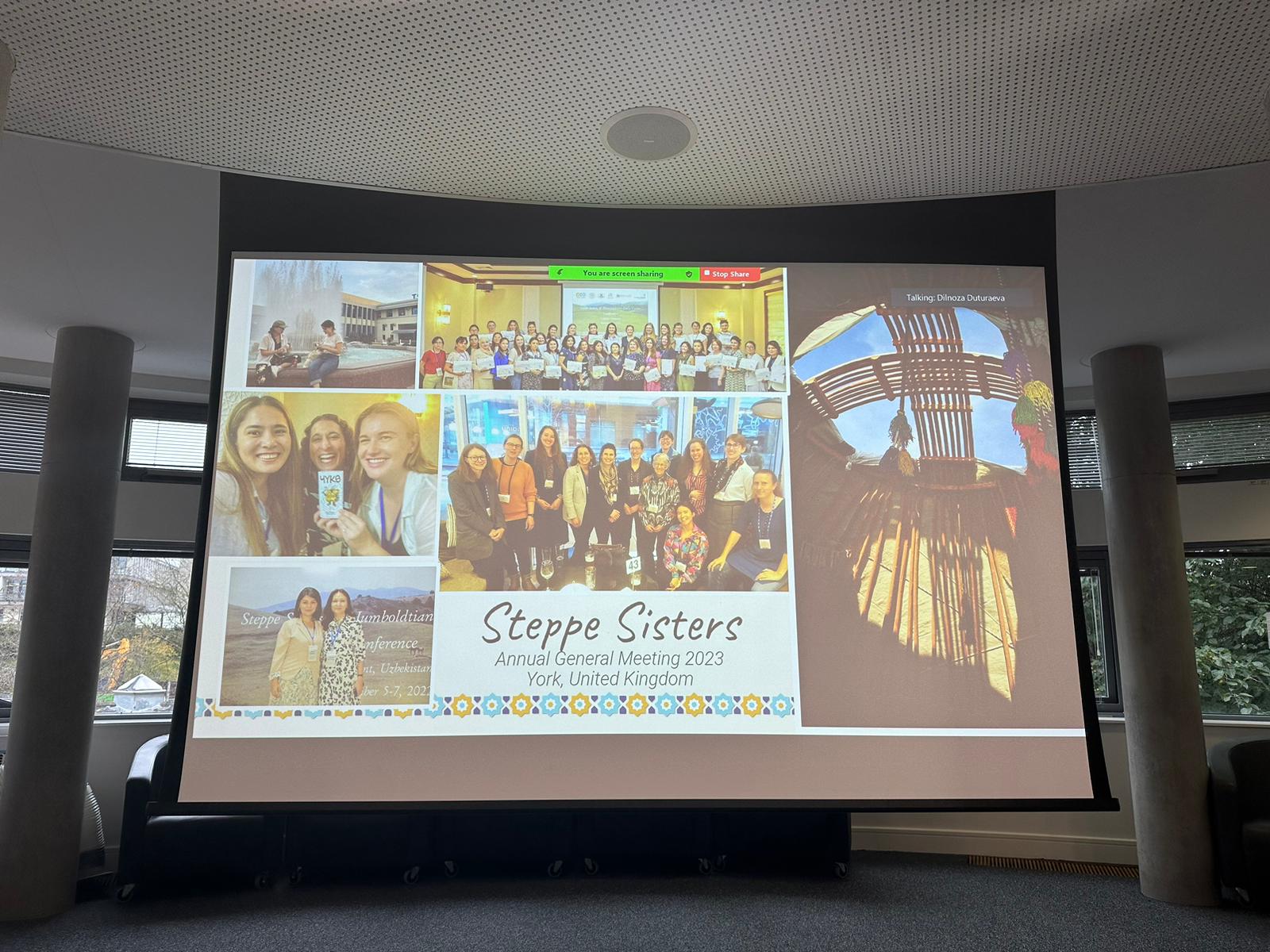 Conference presentation slide showing various photos from Steppe Sisters projects and meetings, presented at the Steppe Sisters Annual General Meeting 2023 in York, United Kingdom