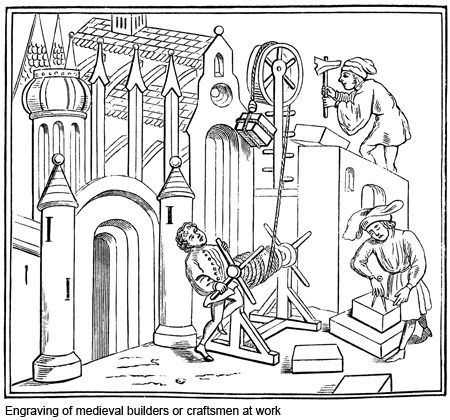 An engraving of medieval craftsmen and builders at work
