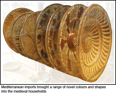 Range of coloured medieval household pottery