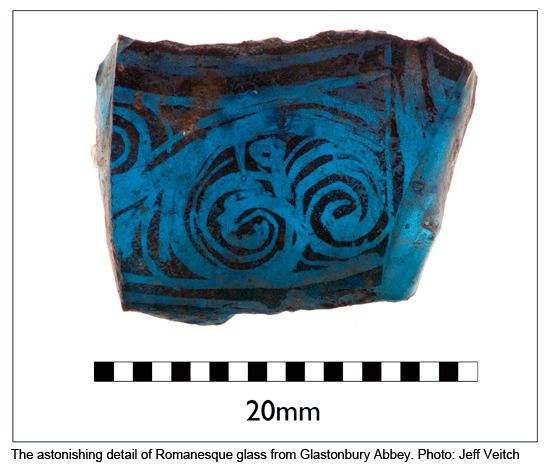 Fragment of blue Romanesque glass from Glastonbury Abbey