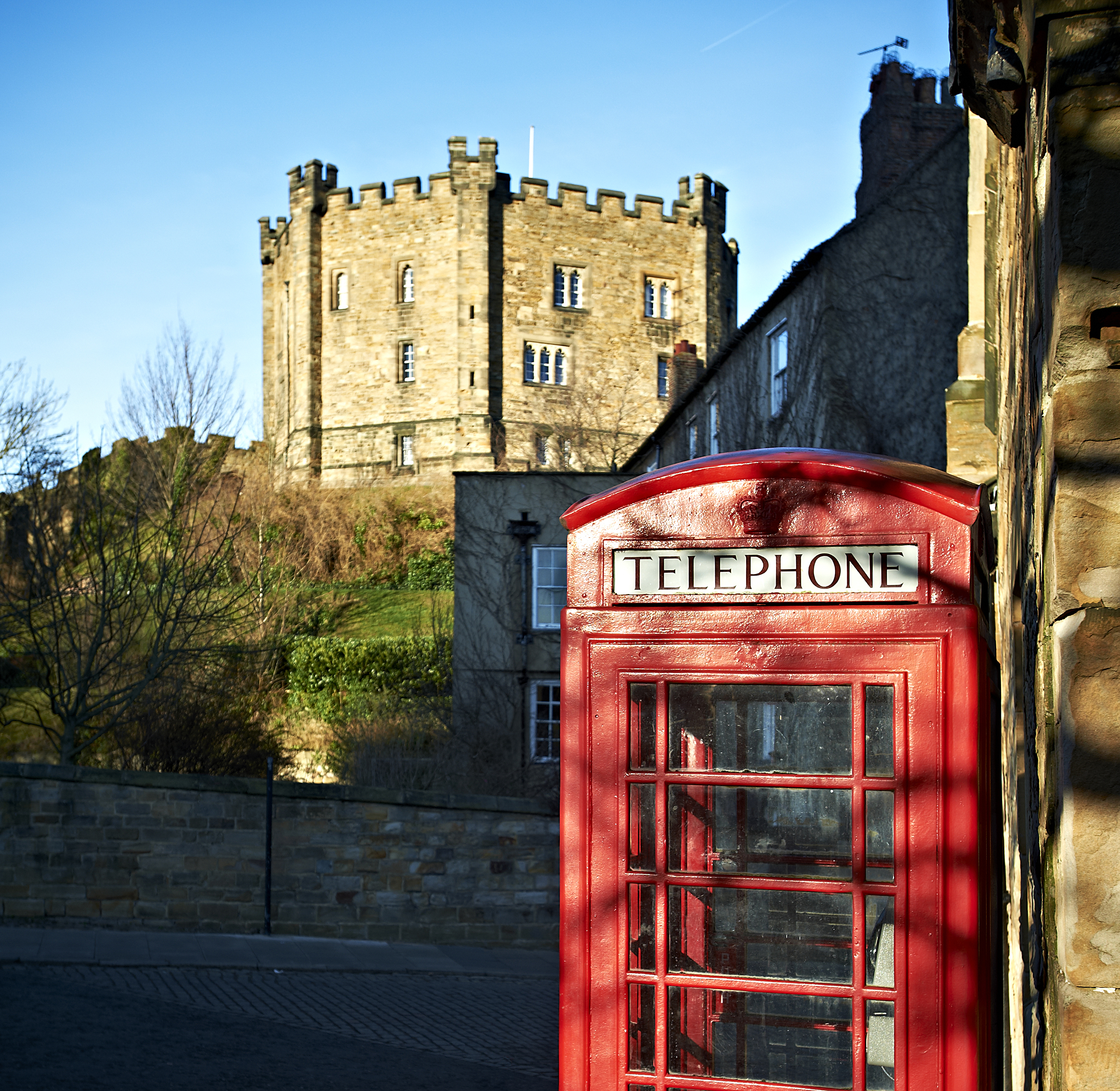 telephone box in front of Durham Castle