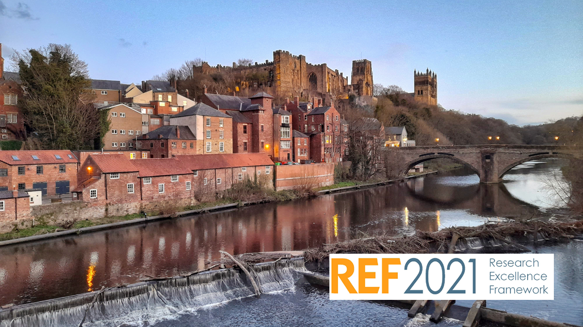 Photograph of a castle standing above a river. The text REF20201 Research Excellence Framework is on the front of the image.