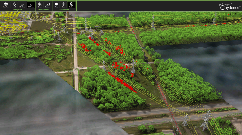 Image of lidar point cloud showing vegetation and power lines