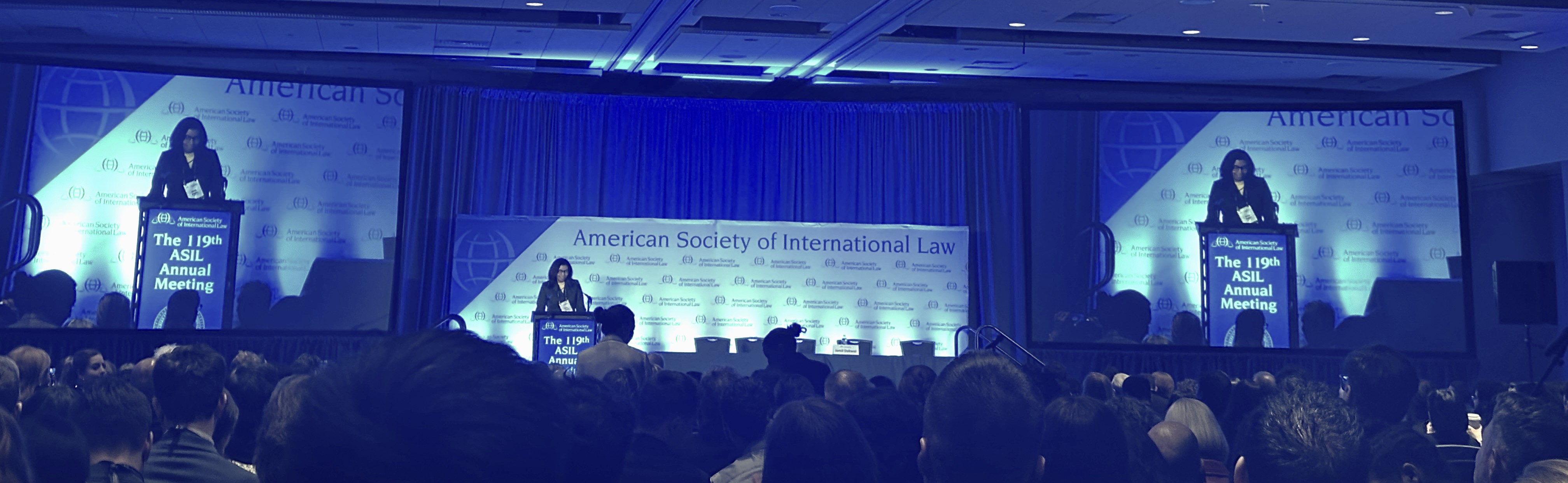 A woman at a podium at the American Society of International Law Annual Meeting