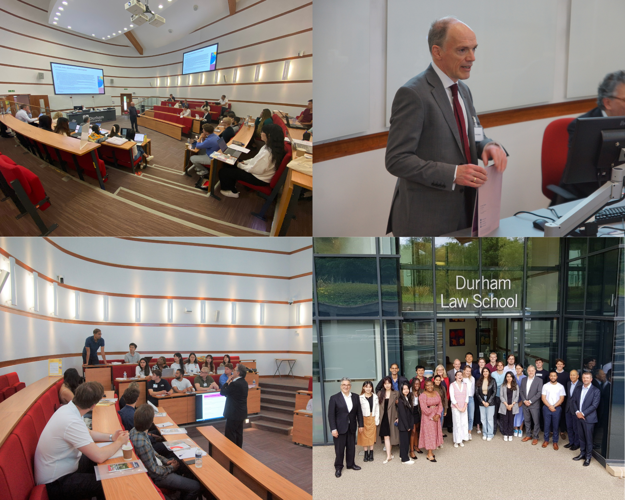 Four photos of people attending lectures and standing in front of the Law School