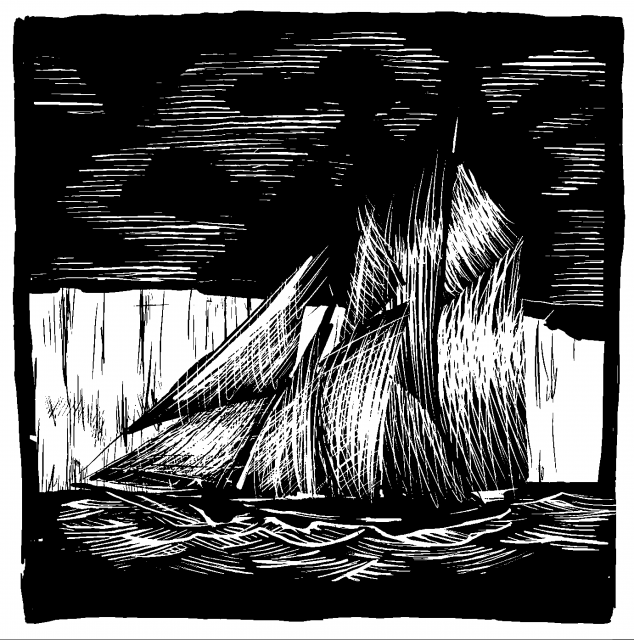 A black and white illustration of a ship by John Barnett
