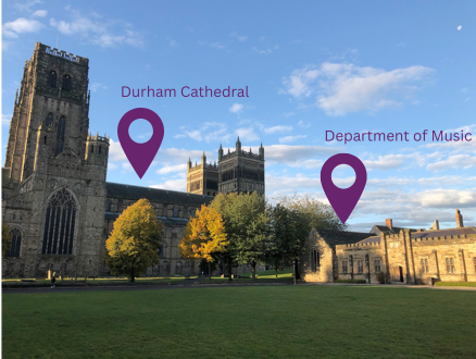 Image showing Durham Cathedral and the Department of Music being located directly next to each other.
